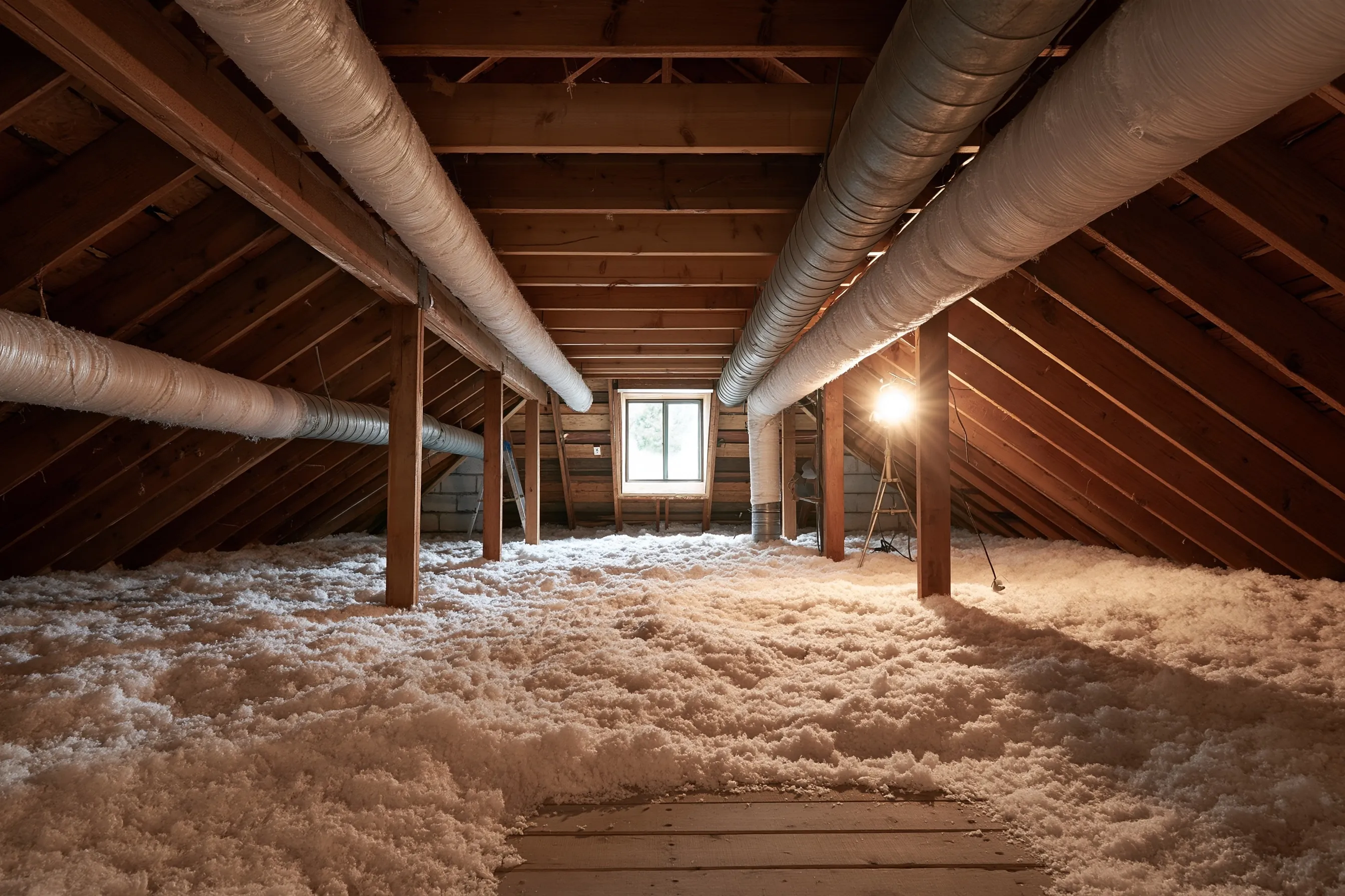 Attic with long wrapped heating ducts running along the rafters over loose white insulation, with a work light