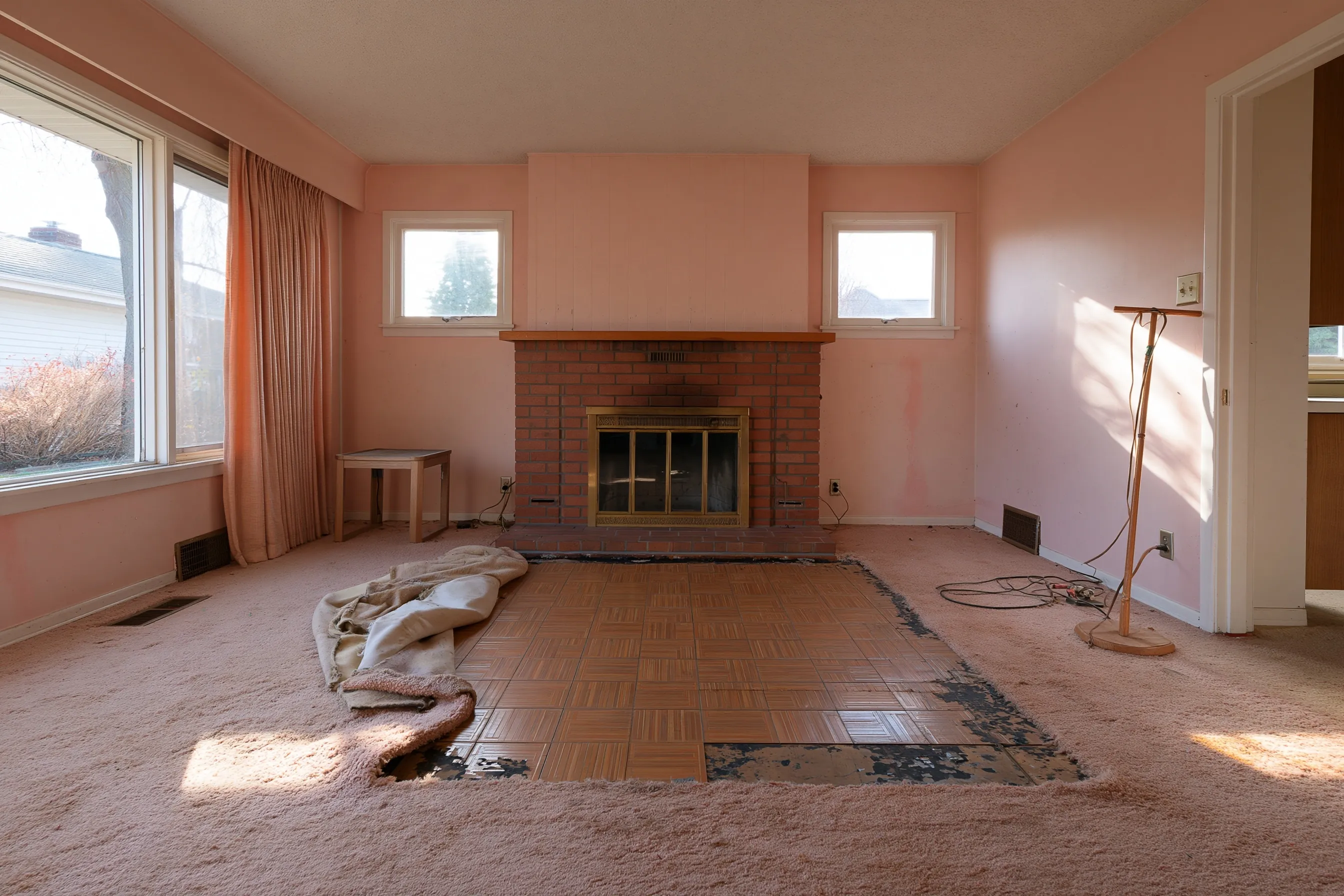 A living room with the carpet cut back in front of the fireplace, showing small square floor tiles with black adhesive at the edges