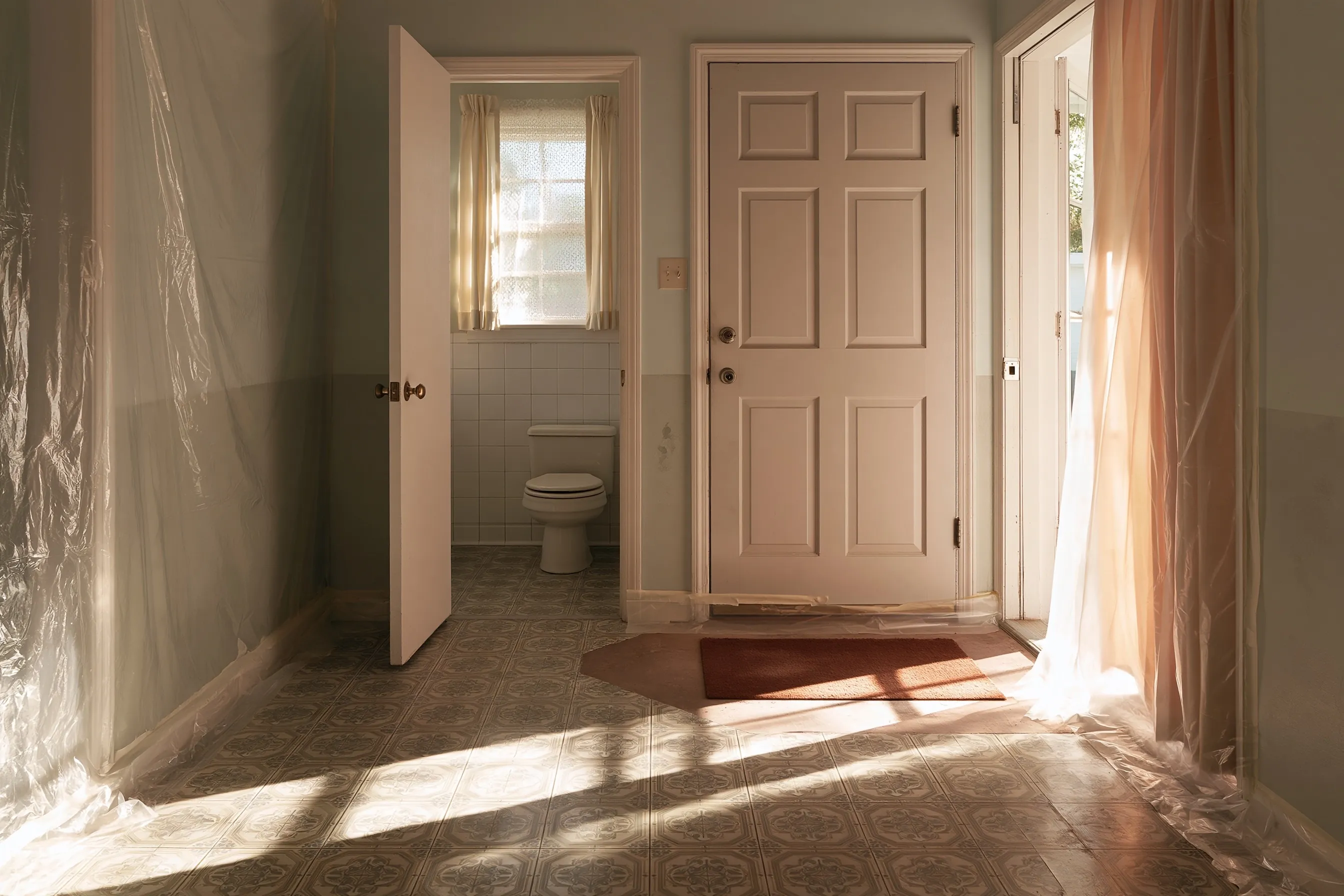 Entry hall with patterned sheet vinyl flooring, plastic sheeting hung along the walls and a half bath with its door open