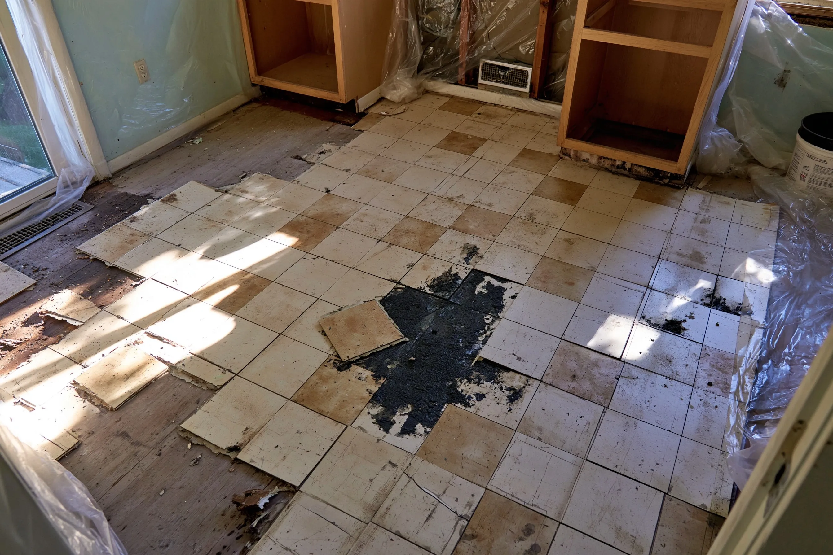 Kitchen floor of square vinyl tiles with some lifted to show black adhesive, bare cabinet frames and plastic sheeting along the walls
