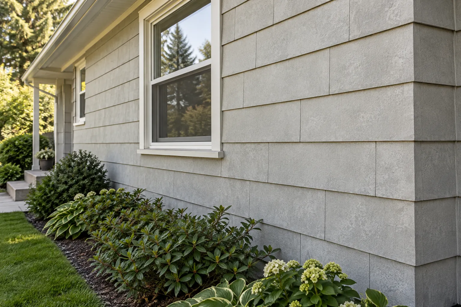 Gray cement-board siding in overlapping horizontal courses on the side of a house, with shrubs below a window